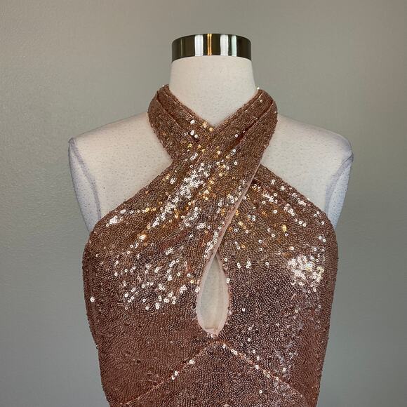 Rose Gold Sequined Backless Long Evening Gown Size 10 by AQUA Thigh Slit Formal - Picture 7 of 13